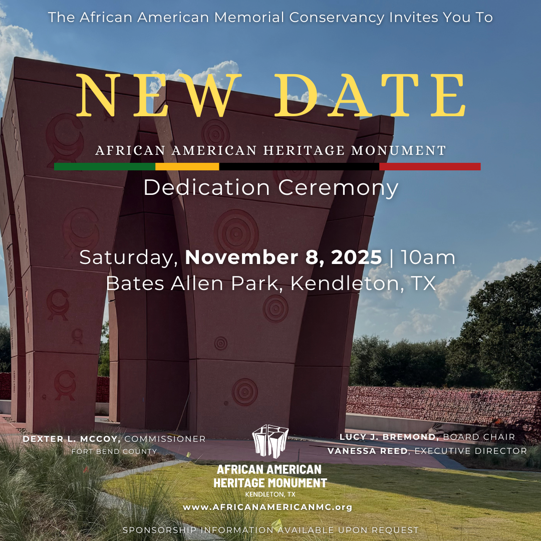 Flyer reading - African American Heritage Monument and Park dedication ceremony rescheduled to November 8 2025.