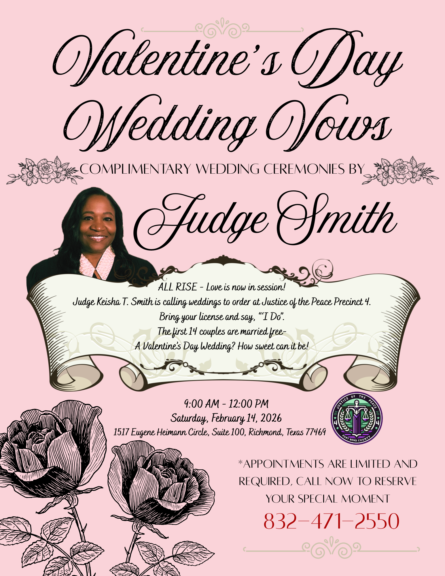 Valentine's Day Wedding Flyer. Promotion for free weddings on valentine's day 2026.