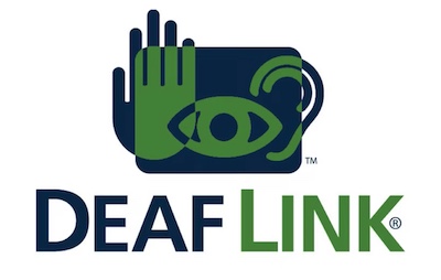 Deaf Link Logo in Blue and Green. There is a picture of hand, eye and ear.