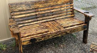 4' Wide Bench - Burnt finish and outdoor polycoat, has center table and cup holders