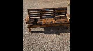 Child bench with center table, burnt finish and outdoor polycoat