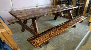 8' picnic table with attached benches with burnt finish and outdoor polylcoat