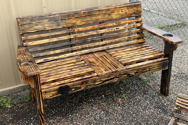 4' Wide Bench - Burnt finish and outdoor polycoat, has center table and cup holders