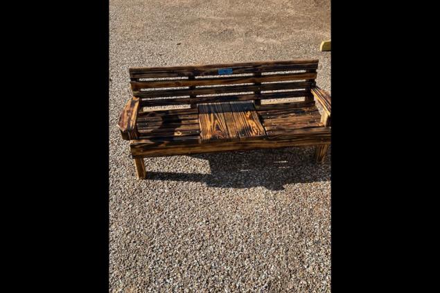 Child bench with center table, burnt finish and outdoor polycoat